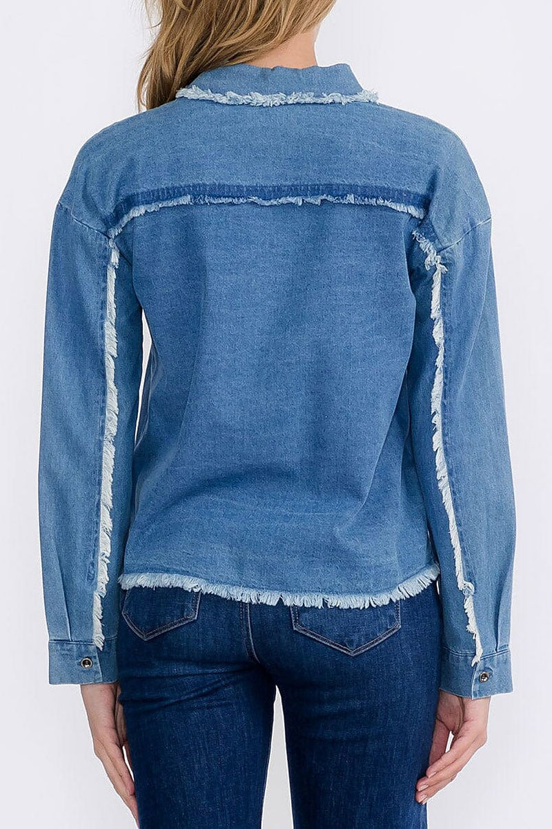 Long sleeve button closure trim detailed denim top (RVWT8894)