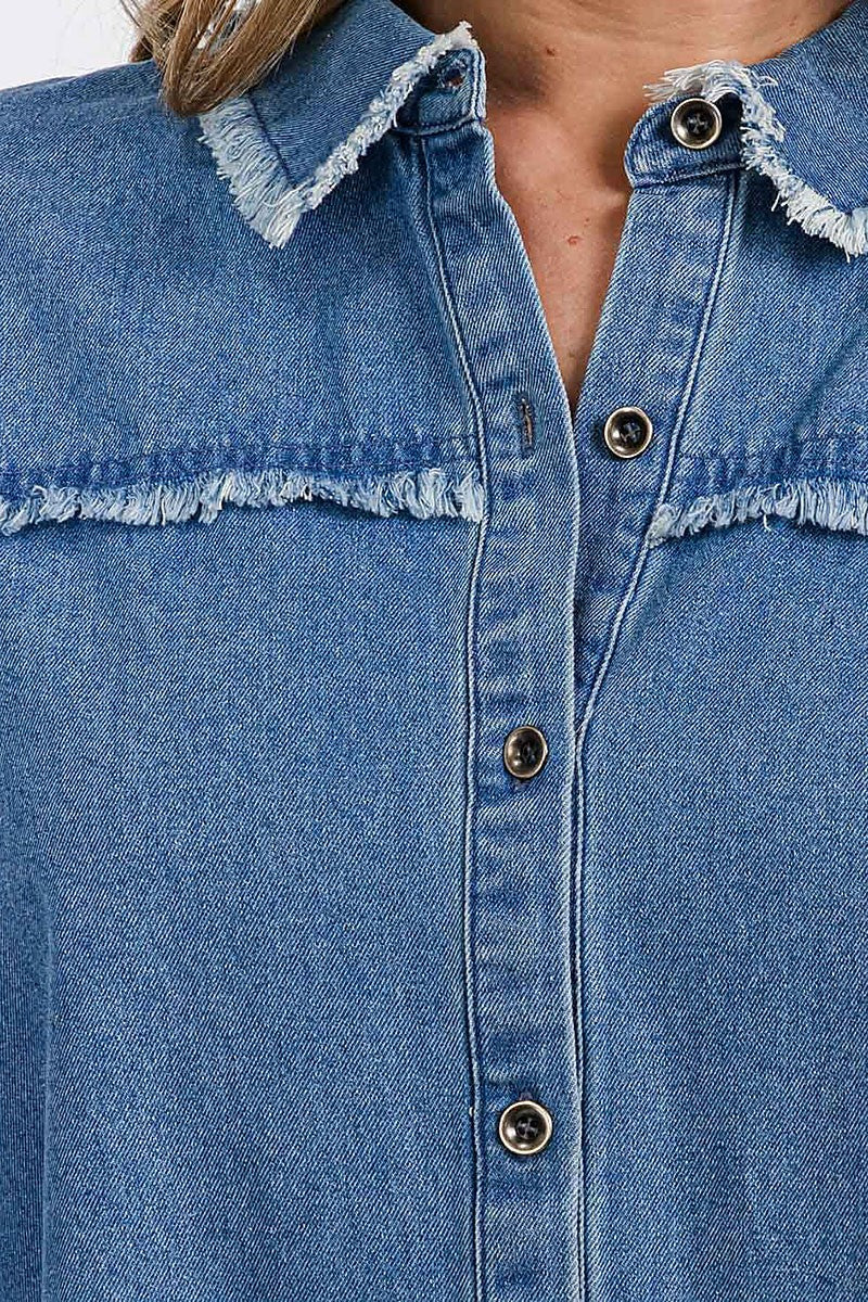 Long sleeve button closure trim detailed denim top (RVWT8894)