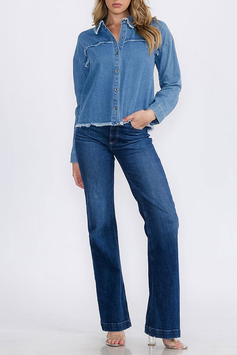 Long sleeve button closure trim detailed denim top (RVWT8894)