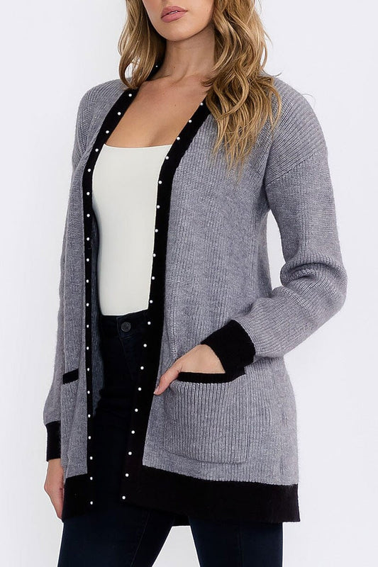 Open front pockets colorblock trim cardigan (RVWT8897)