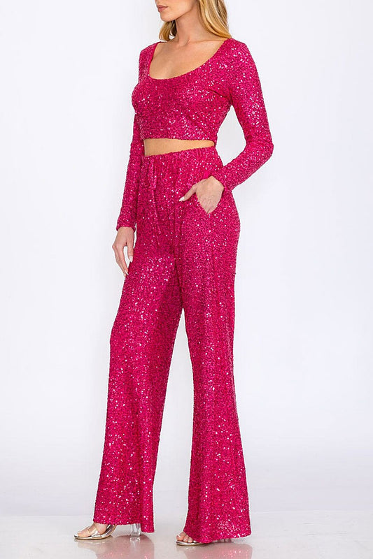 Crop top &amp; elastic waist pants sequins 2pc. set (RVWT8899)