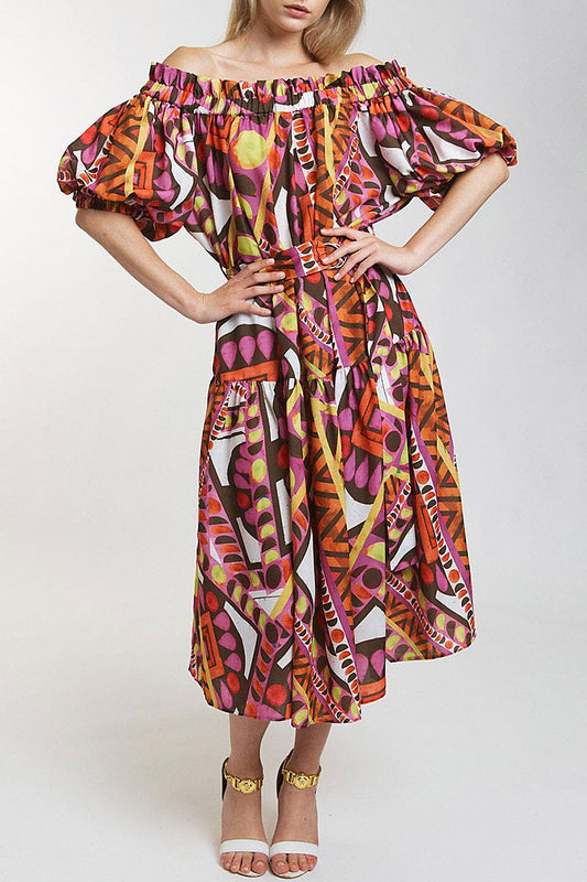 Off shoulder pockets belted multi print maxi dress (RVWT8902)