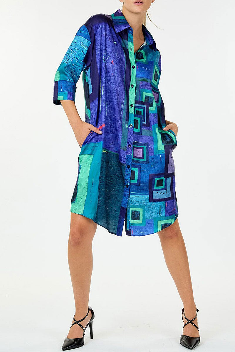 Button up pockets multi print tunic mini dress (RVWT8903)