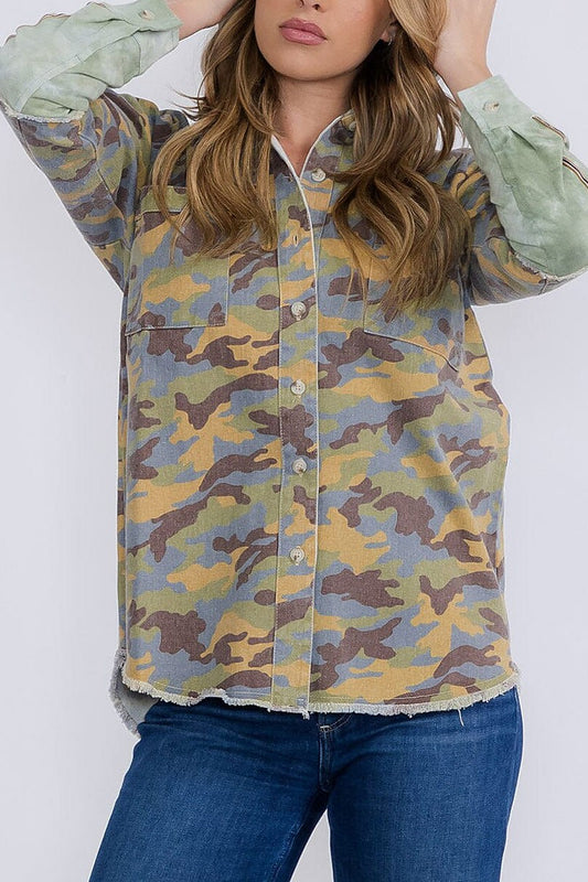 Button closure camo print hooded denim top (RVWT8925)