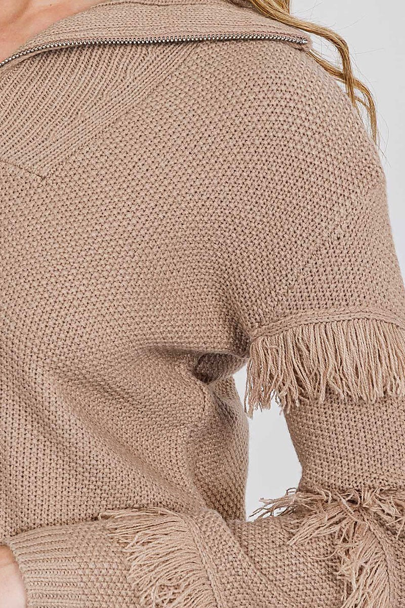 Zip up fringe detailed pullover sweater (RVWT8926)