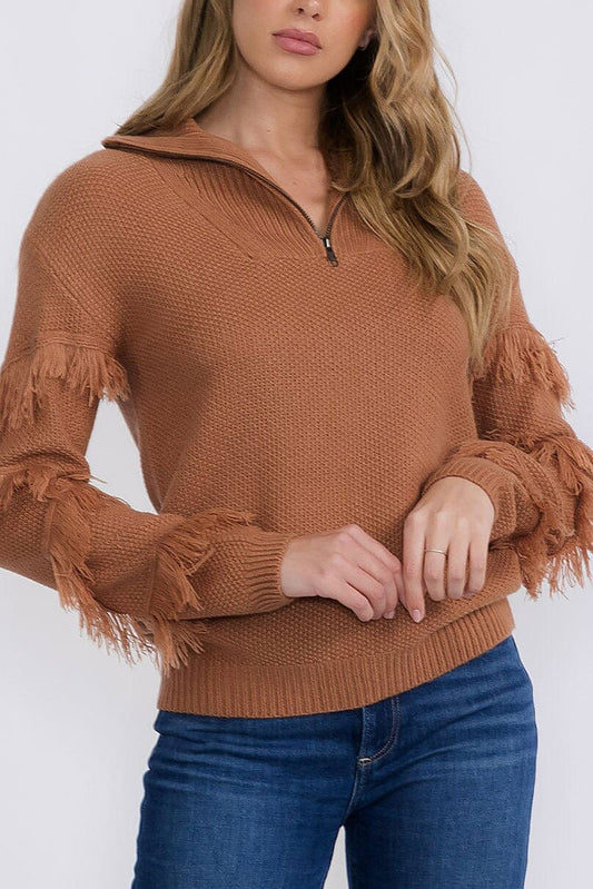 Zip up fringe detailed pullover sweater (RVWT8926)