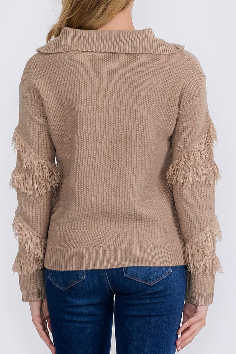 Zip up fringe detailed pullover sweater (RVWT8926)