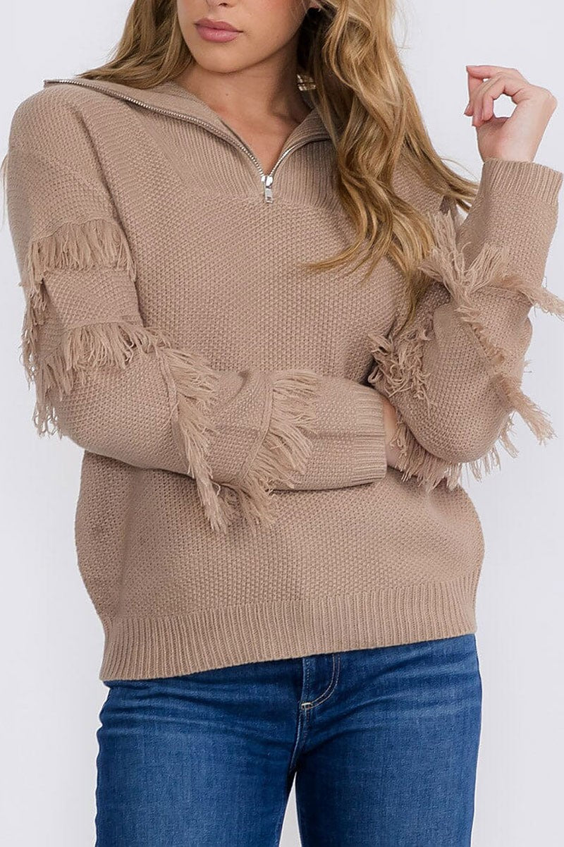 Zip up fringe detailed pullover sweater (RVWT8926)