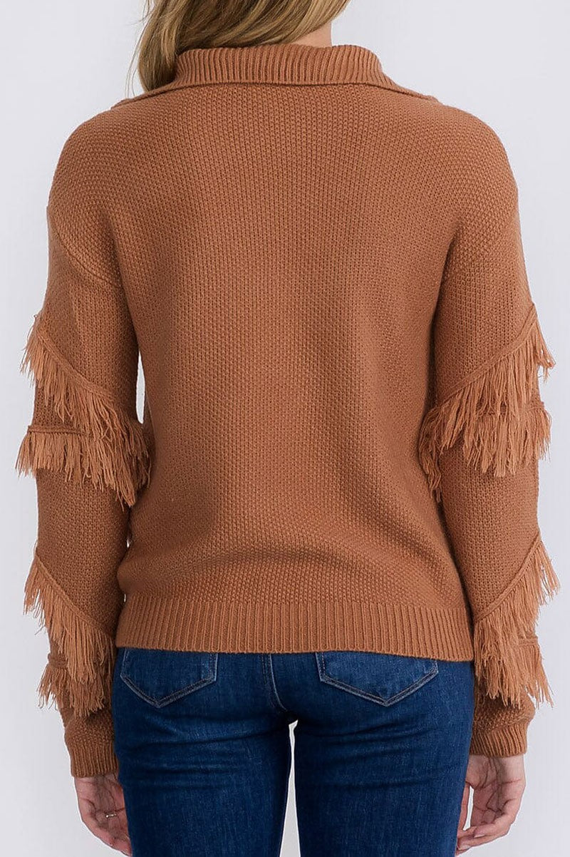 Zip up fringe detailed pullover sweater (RVWT8926)