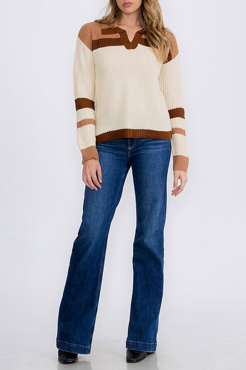 V-neck knit colorblock pullover sweater (RVWT8927)