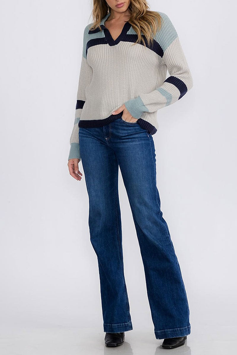 V-neck knit colorblock pullover sweater (RVWT8927)