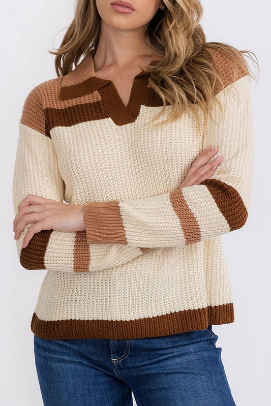 V-neck knit colorblock pullover sweater (RVWT8927)