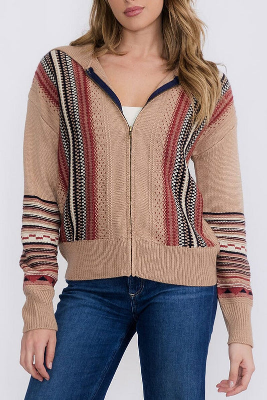 Zipper closure multi print cardigan sweater (RVWT8934)