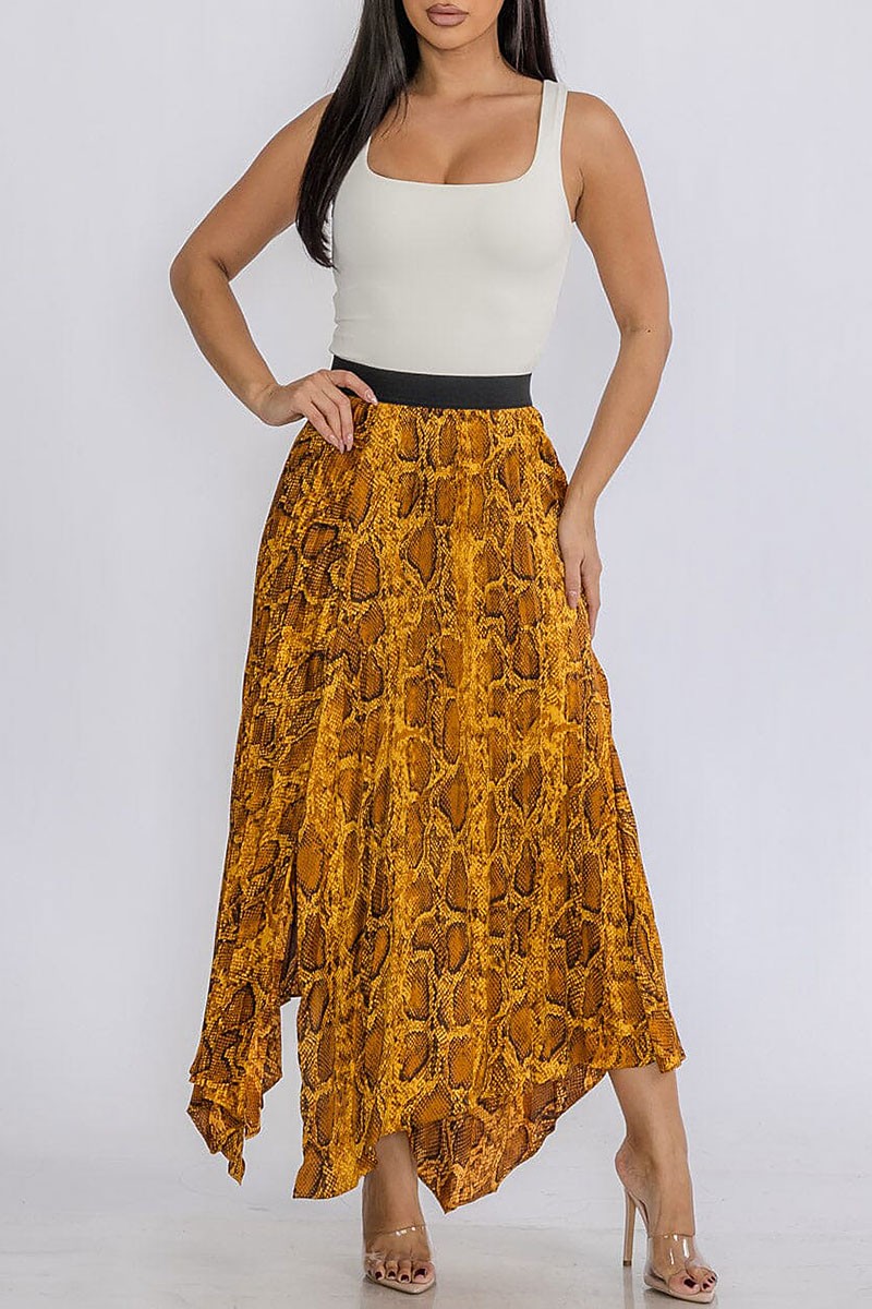 Elastic waist slit pleated animal print maxi skirt (RVWT9059)