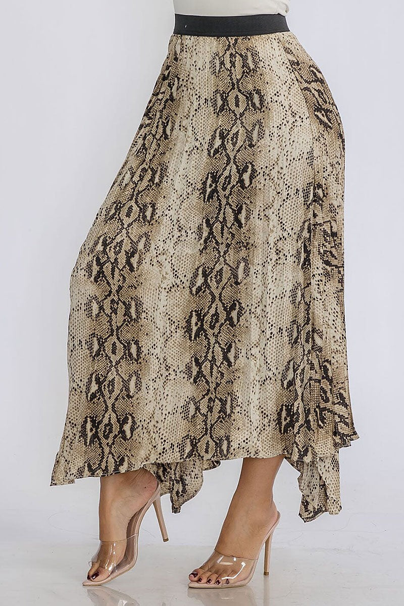 Elastic waist slit pleated animal print maxi skirt (RVWT9059)