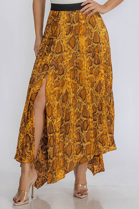 Elastic waist slit pleated animal print maxi skirt (RVWT9059)