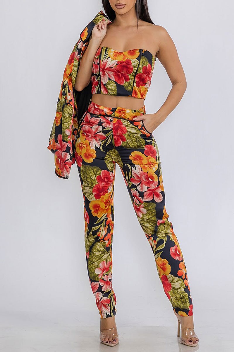 Crop top with blazer &amp; pants floral 3pc. set (RVWT9061)