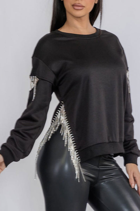 Long sleeve fringe detailed cut out top (RVWT9070)