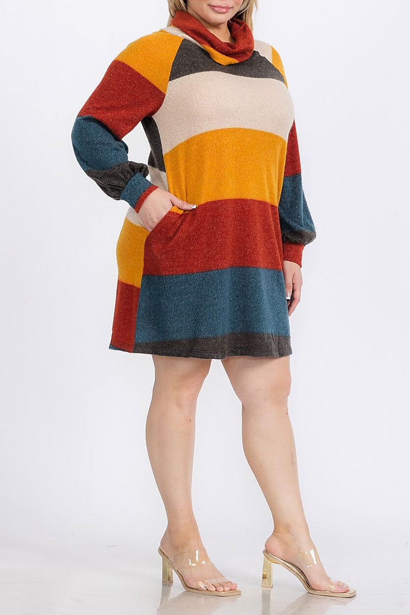 Turtle neck pockets colorblock sweater mini dress (RVWT9078)