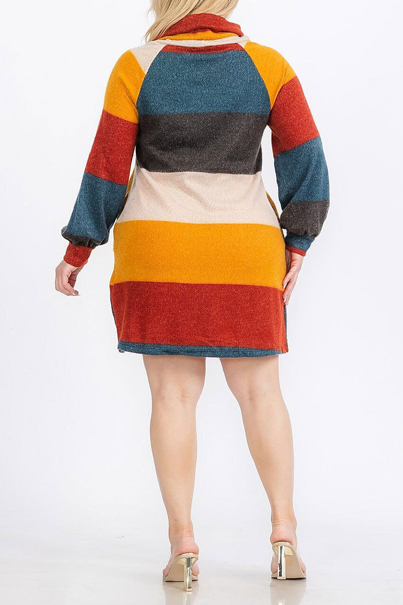 Turtle neck pockets colorblock sweater mini dress (RVWT9078)