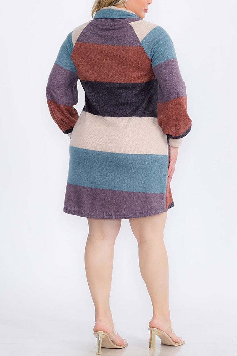 Turtle neck pockets colorblock sweater mini dress (RVWT9078)