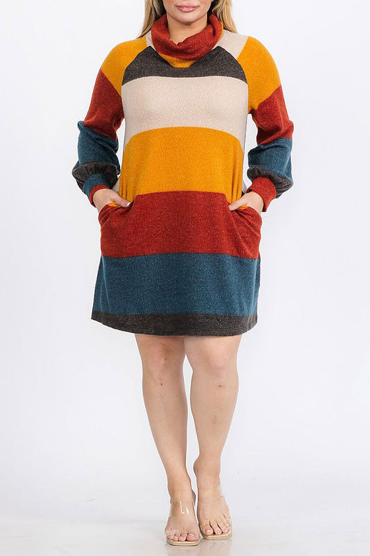 Turtle neck pockets colorblock sweater mini dress (RVWT9078)