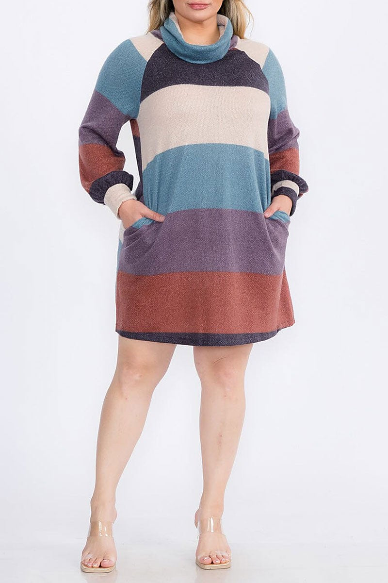 Turtle neck pockets colorblock sweater mini dress (RVWT9078)