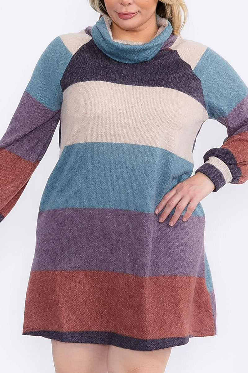 Turtle neck pockets colorblock sweater mini dress (RVWT9078)