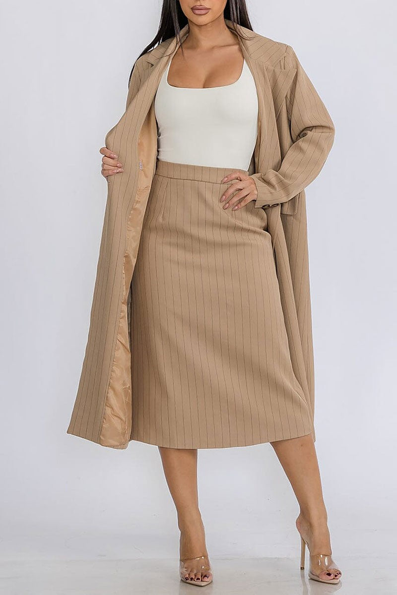 Long sleeve coat & midi skirt stripes 2pc. set (RVWT9095)