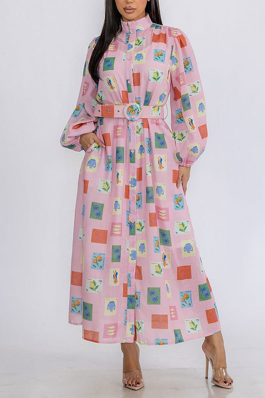 Button up belted pockets multi print maxi dress (RVWT9099)