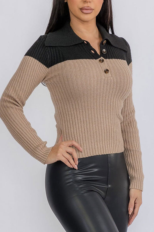 Long sleeve zip up ribbed colorblock top (RVWT9100)