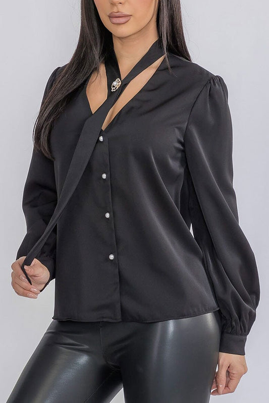 Long sleeve button up neck detailed blouse (RVWT9101)