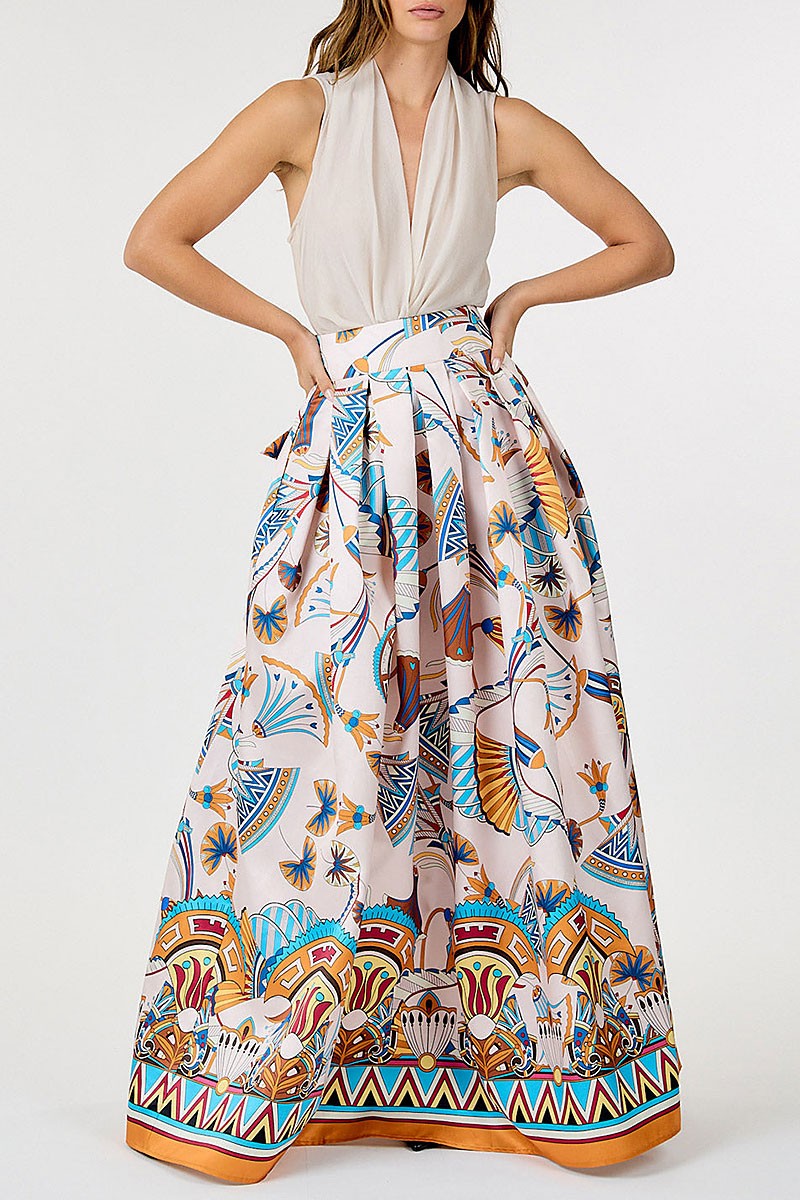 Elastic waist self tie multi print maxi skirt (RVWT9173)