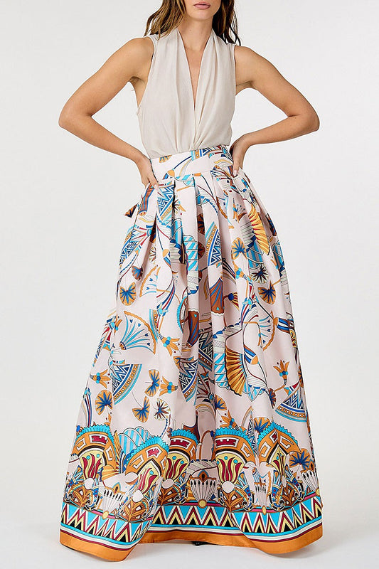 Elastic waist self tie multi print maxi skirt (RVWT9173)