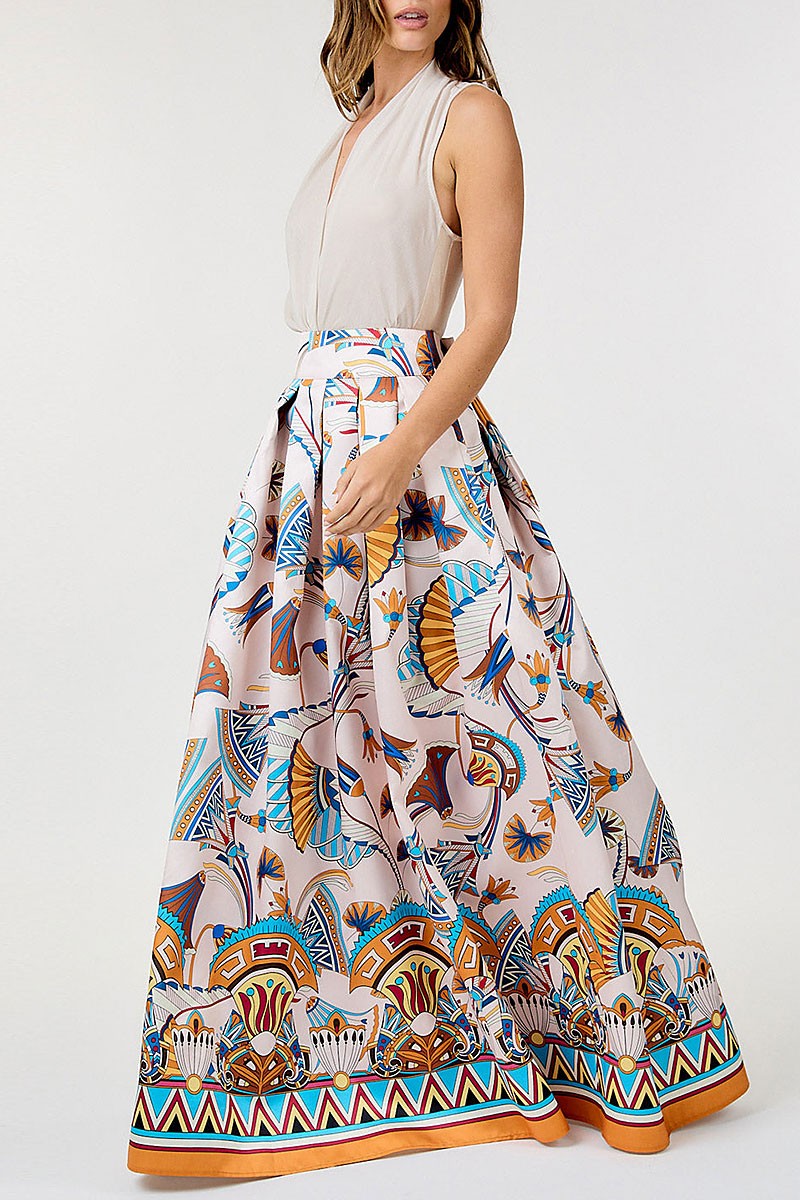 Elastic waist self tie multi print maxi skirt (RVWT9173)