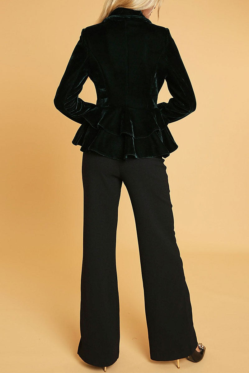 Button closure ruffle detailed velvet blazer (RVWT9174)