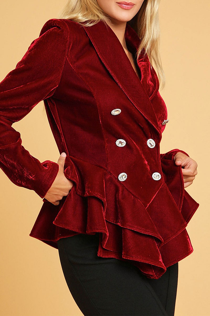 Button closure ruffle detailed velvet blazer (RVWT9174)