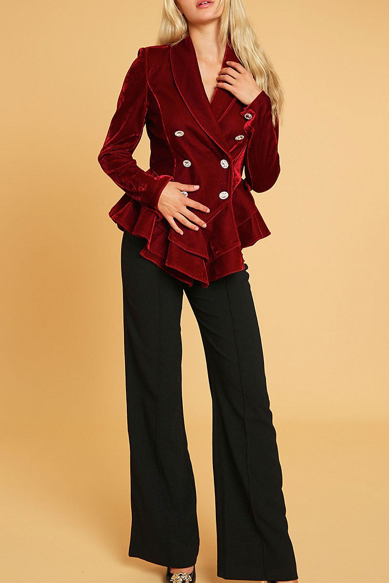 Button closure ruffle detailed velvet blazer (RVWT9174)