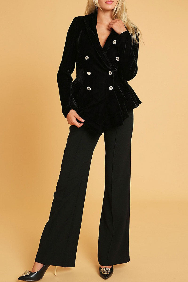 Button closure ruffle detailed velvet blazer (RVWT9174)