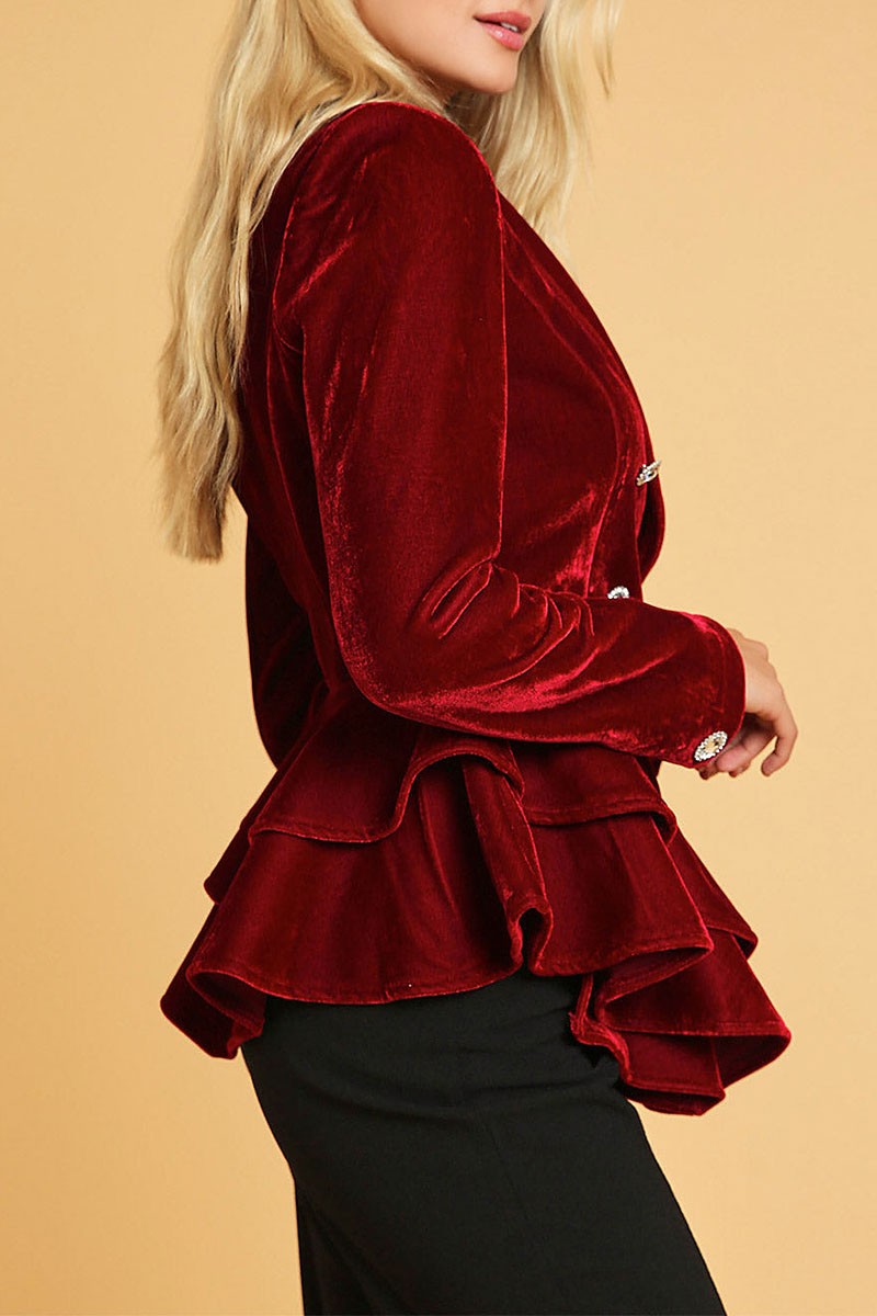 Button closure ruffle detailed velvet blazer (RVWT9174)