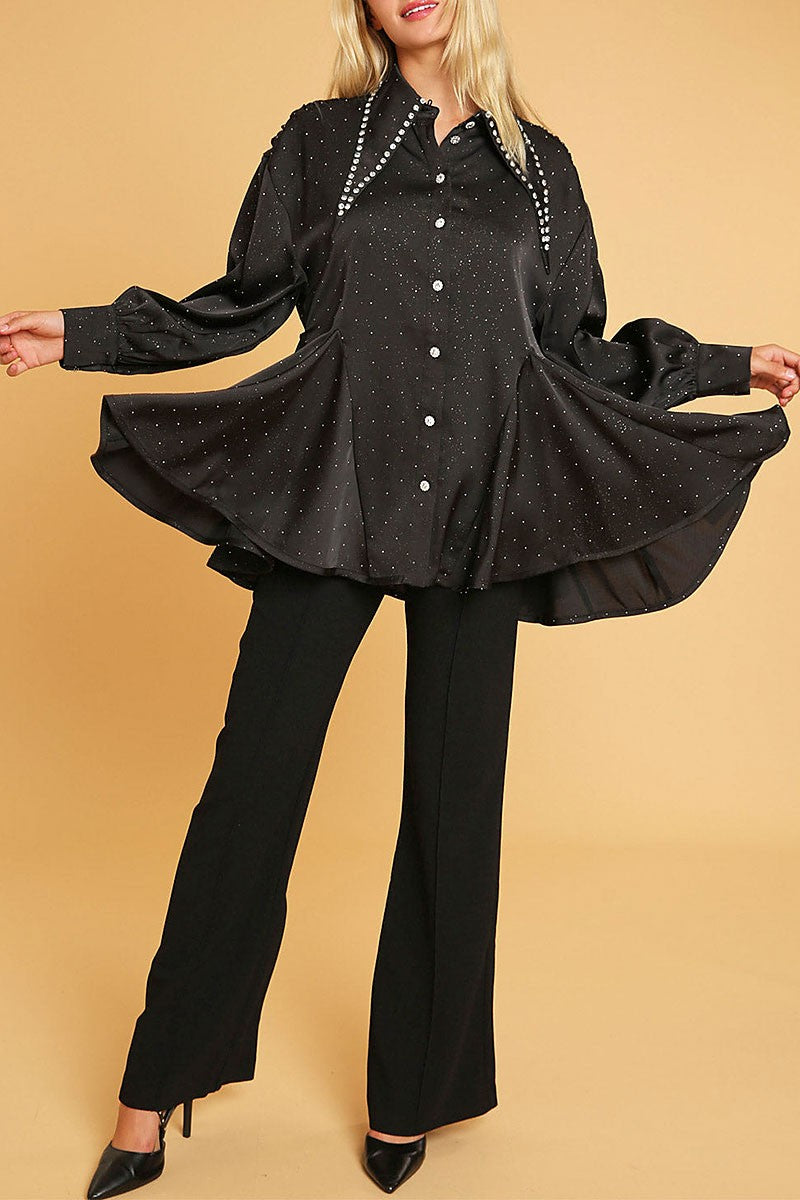 Long sleeve button up studs detailed blouse (RVWT9175)