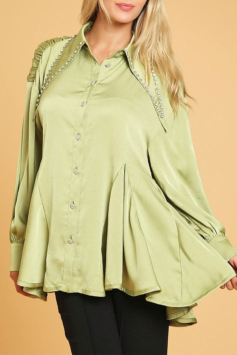 Long sleeve button up studs detailed blouse (RVWT9175)