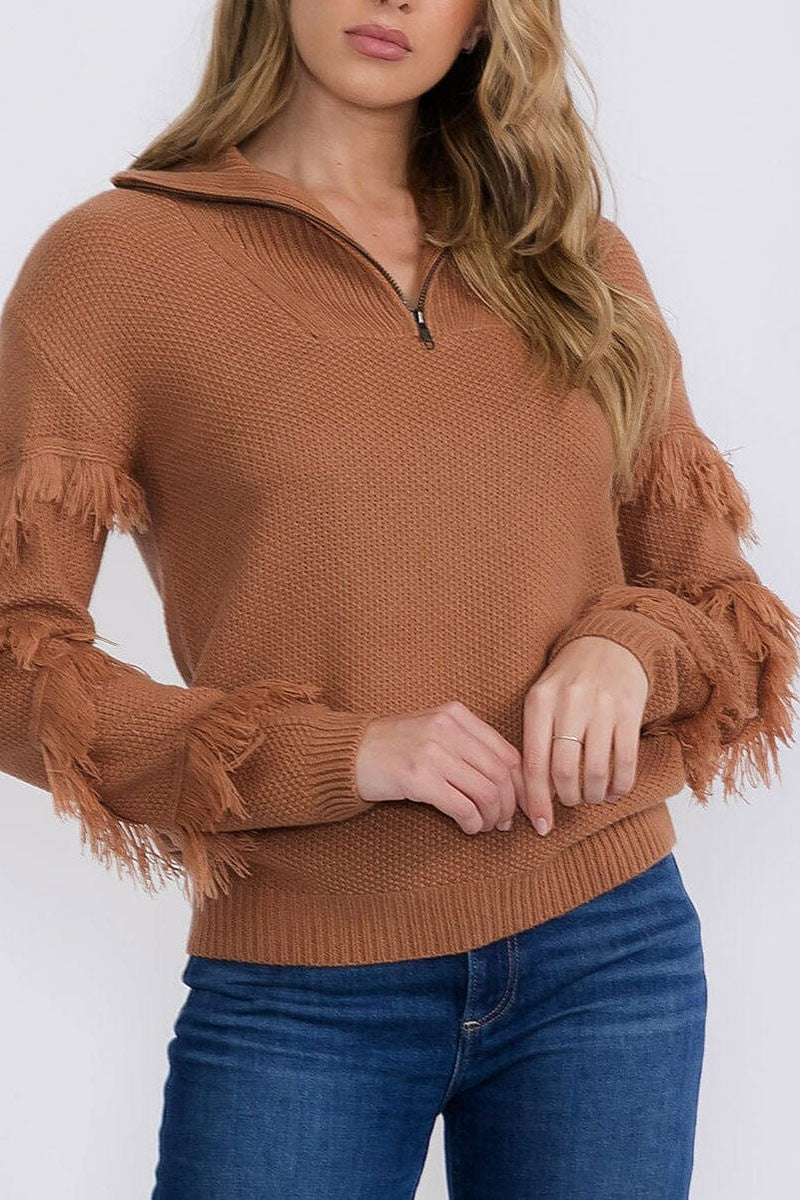 Zip up fringe detailed pullover sweater (RVWT9177)