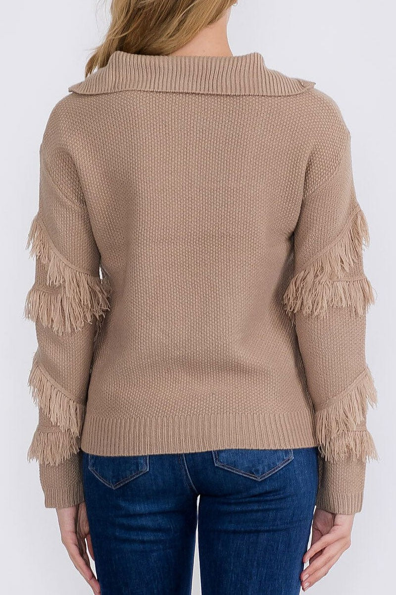 Zip up fringe detailed pullover sweater (RVWT9177)