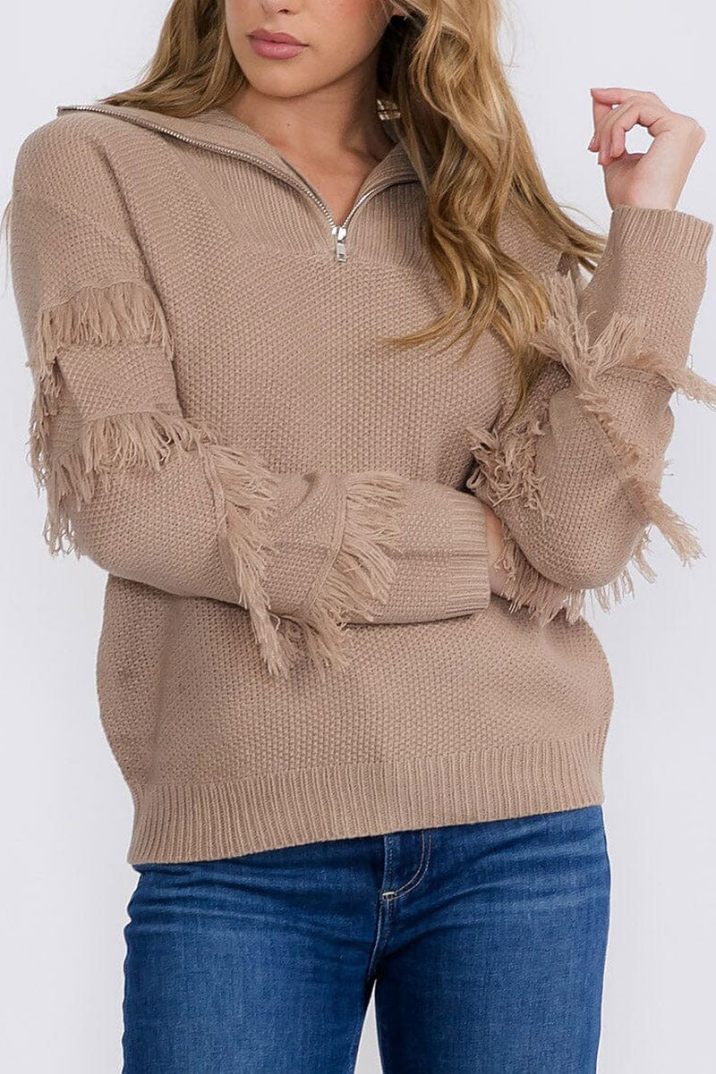 Zip up fringe detailed pullover sweater (RVWT9177)