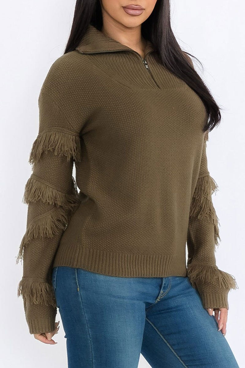 Zip up fringe detailed pullover sweater (RVWT9177)