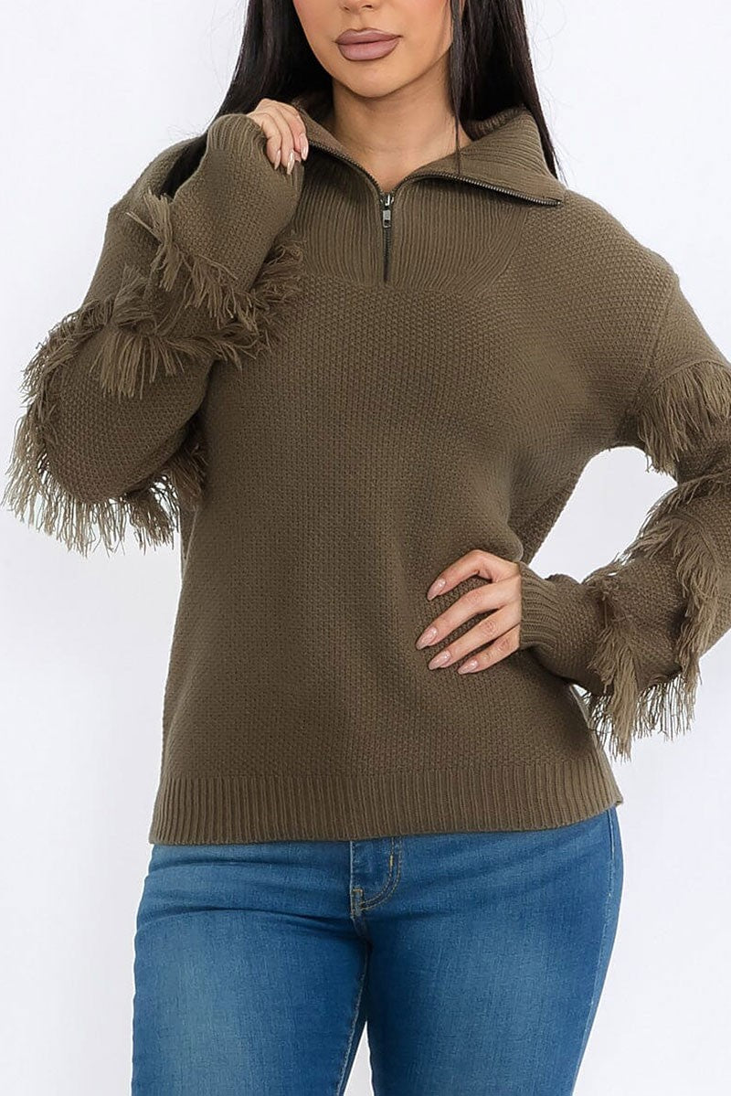 Zip up fringe detailed pullover sweater (RVWT9177)