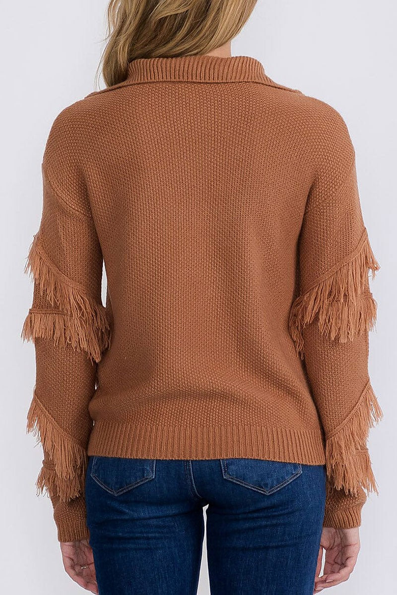 Zip up fringe detailed pullover sweater (RVWT9177)