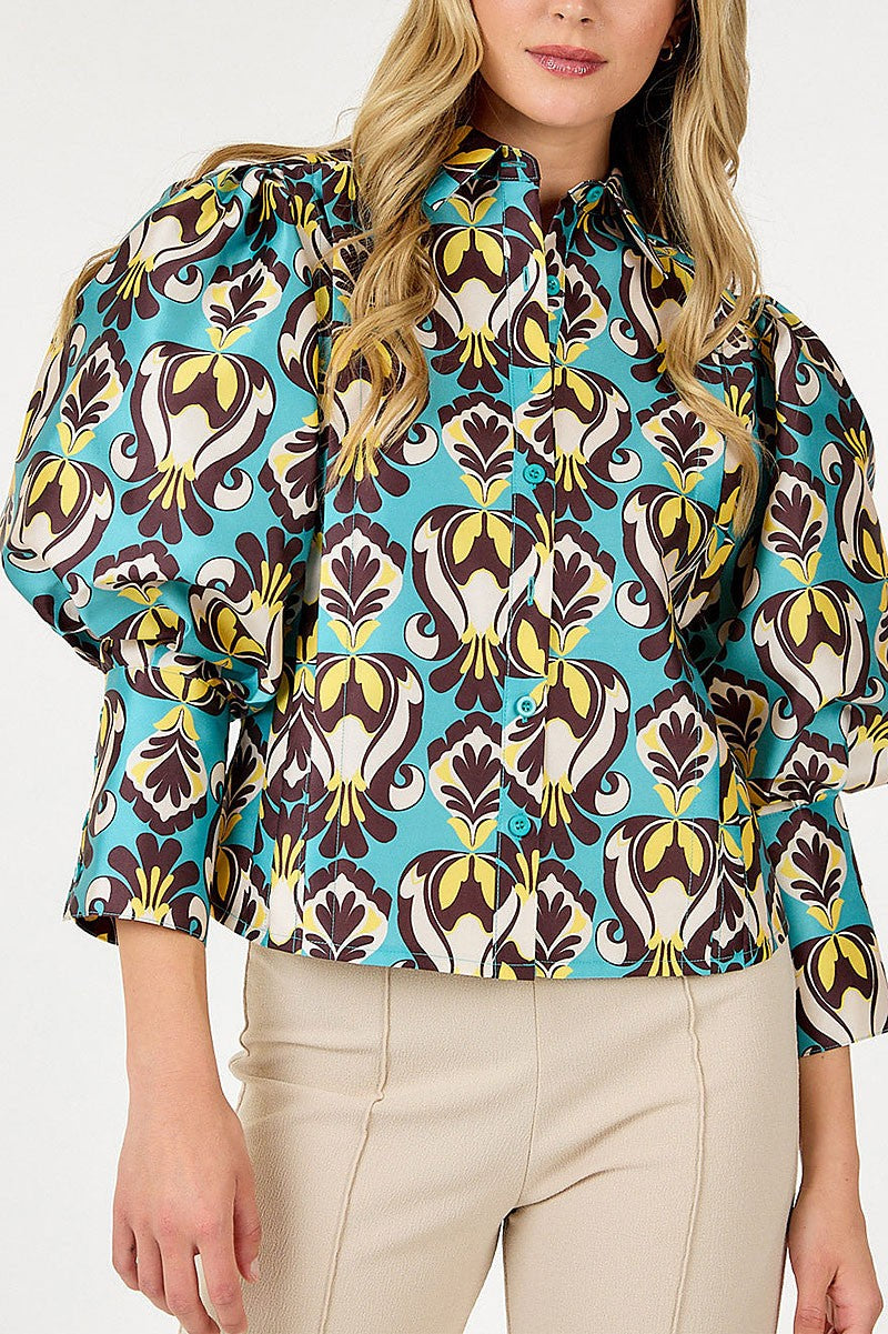 Long puff sleeve button up multi print blouse (RVWT9180)