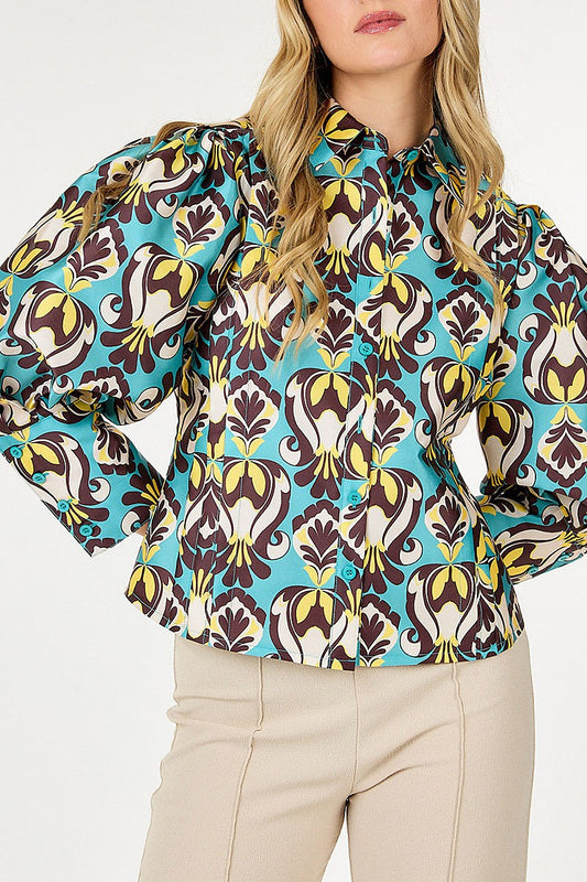 Long puff sleeve button up multi print blouse (RVWT9180)